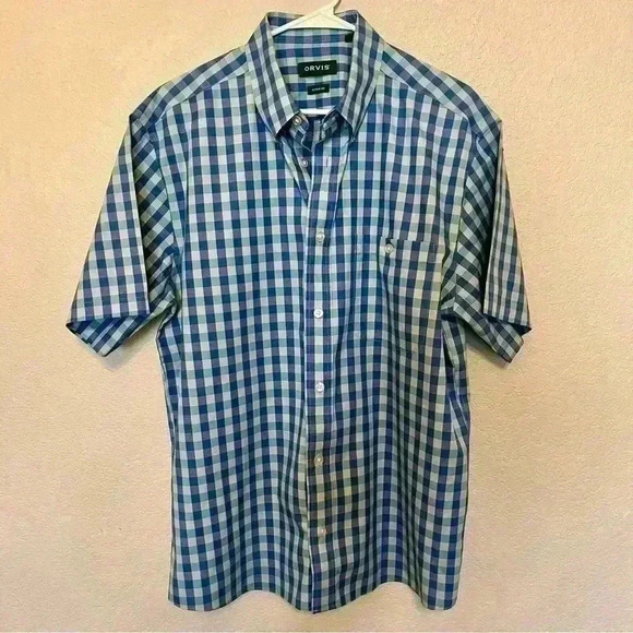 Orvis Blue Green Check Plaid Short Sleeve Button Down Shirt Size Large - Picture 1 of 15